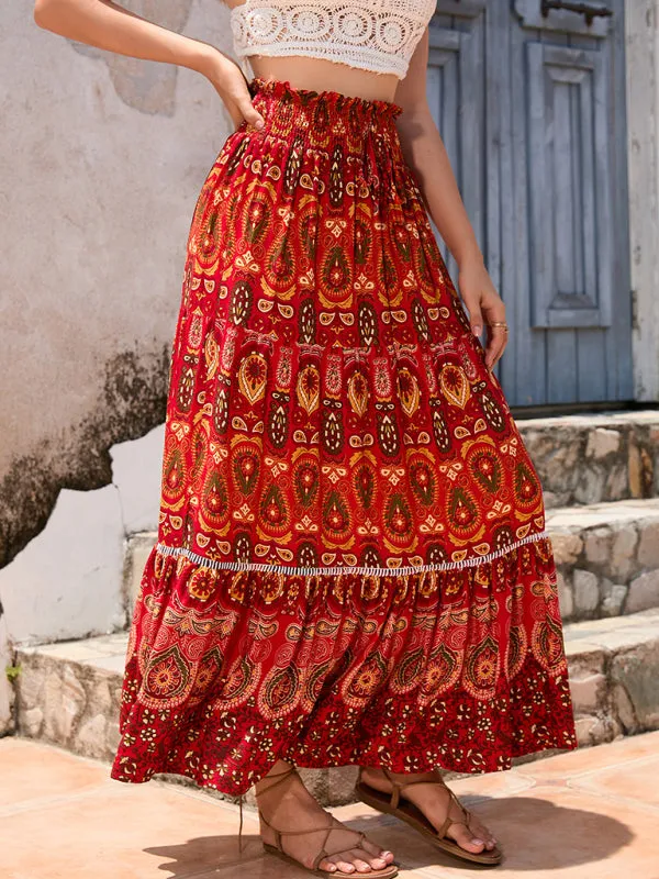 Boho Smocked Waistband Maxi Skirt in Parsley Print