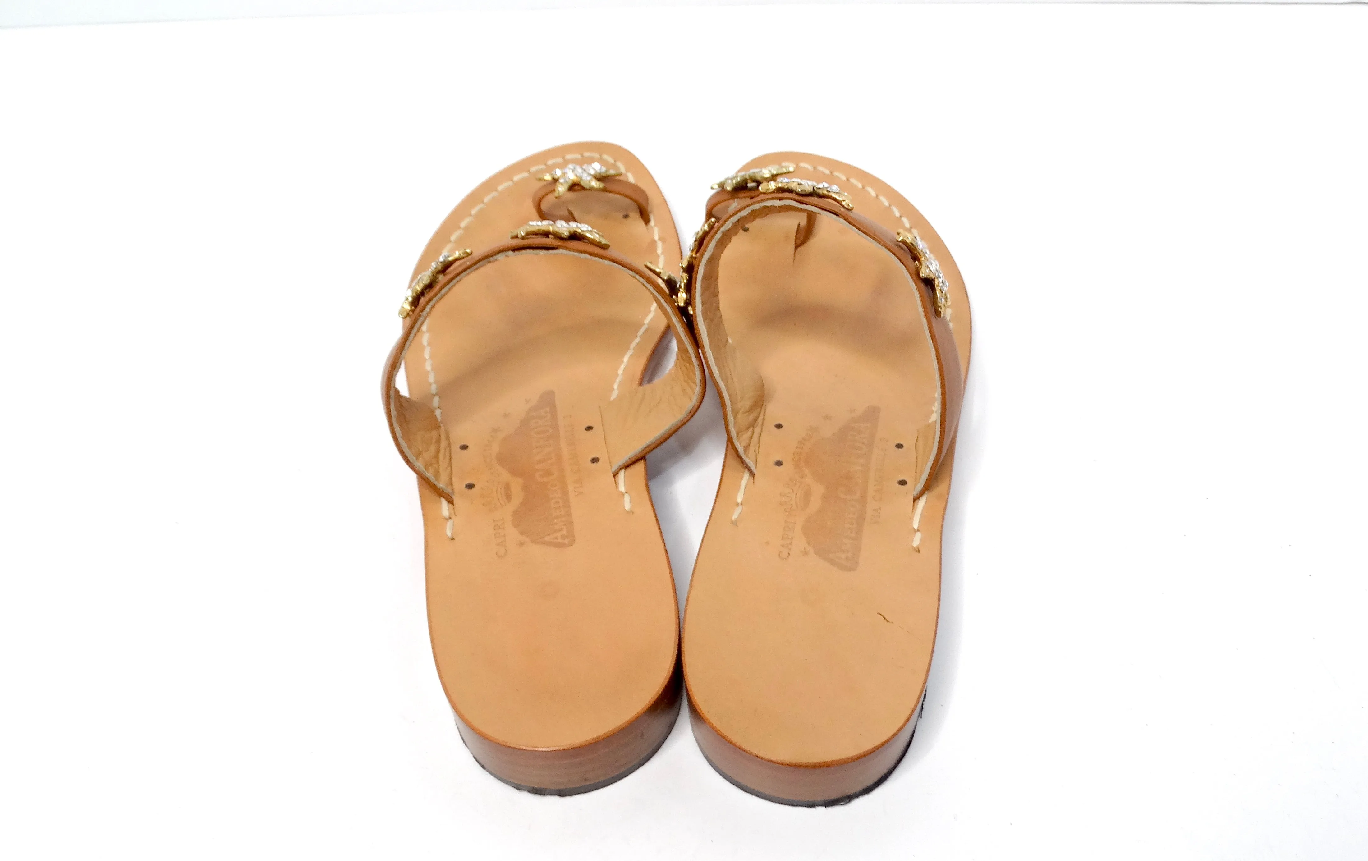 Brown Leather Sandals With Rhinestone Embellished Starfish Accents