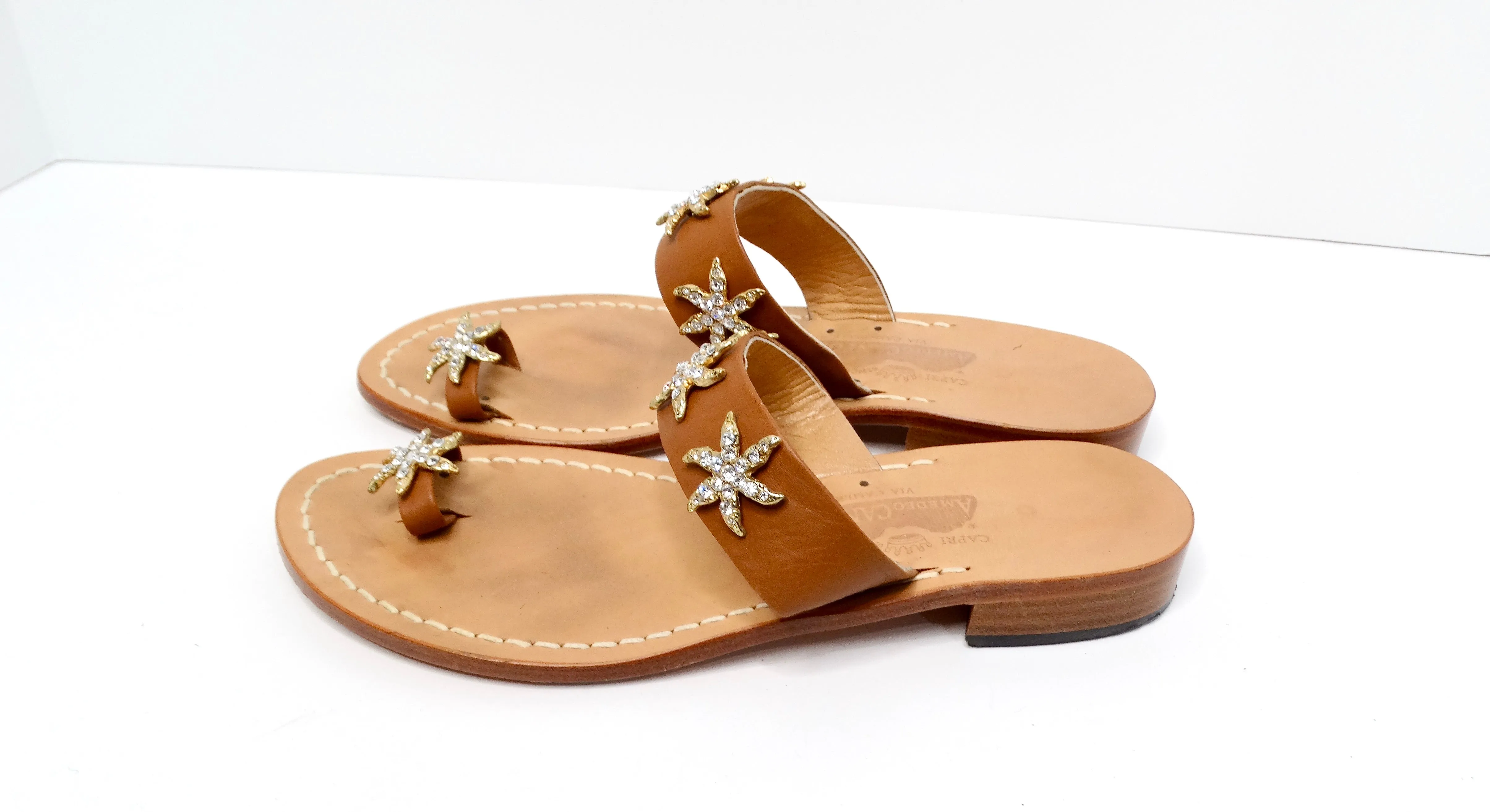 Brown Leather Sandals With Rhinestone Embellished Starfish Accents