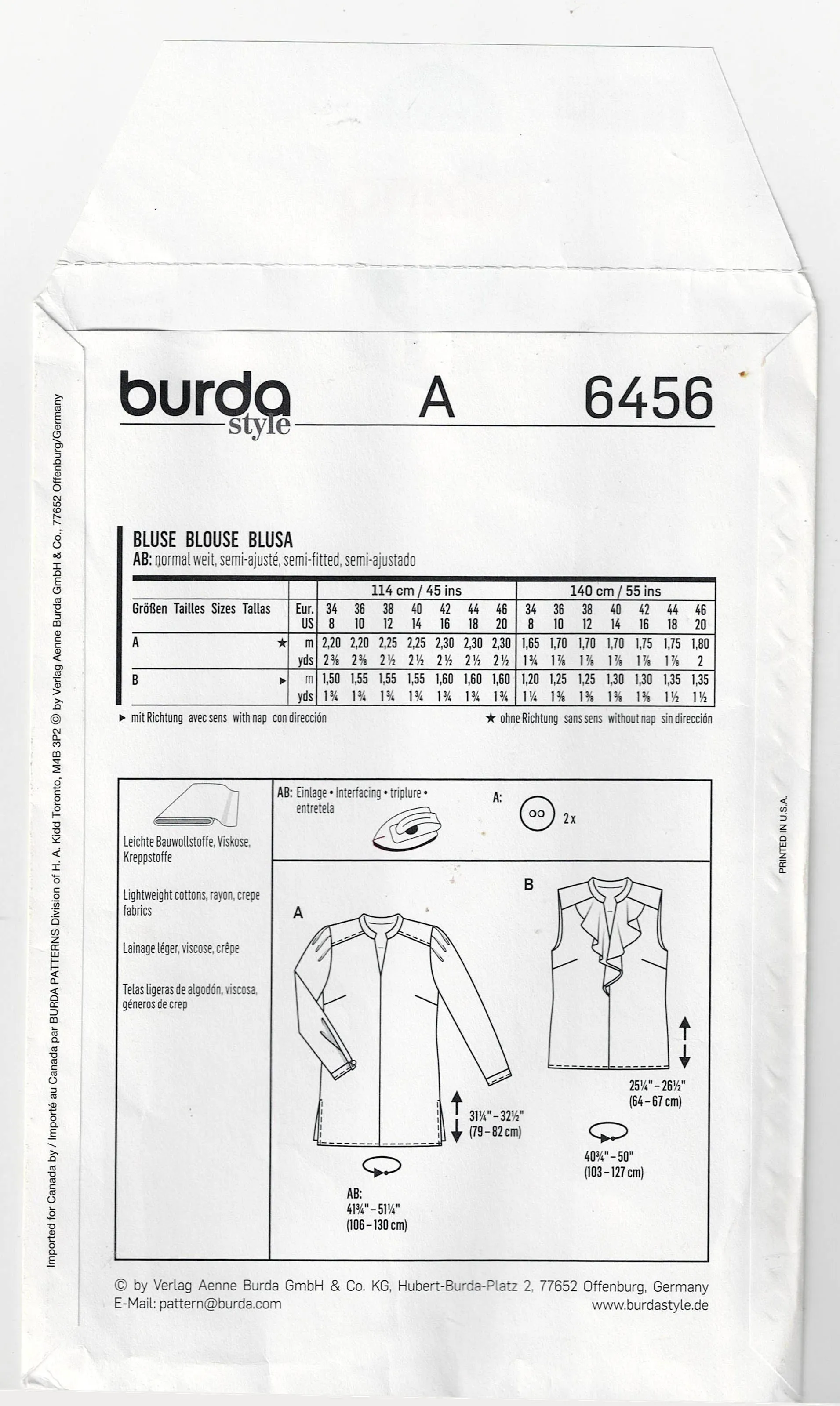 Burda Style 6456 Womens EASY Pullover Blouse with Optional Ruffle Out Of Print Sewing Pattern Sizes 8 - 20 UNCUT Factory Folded