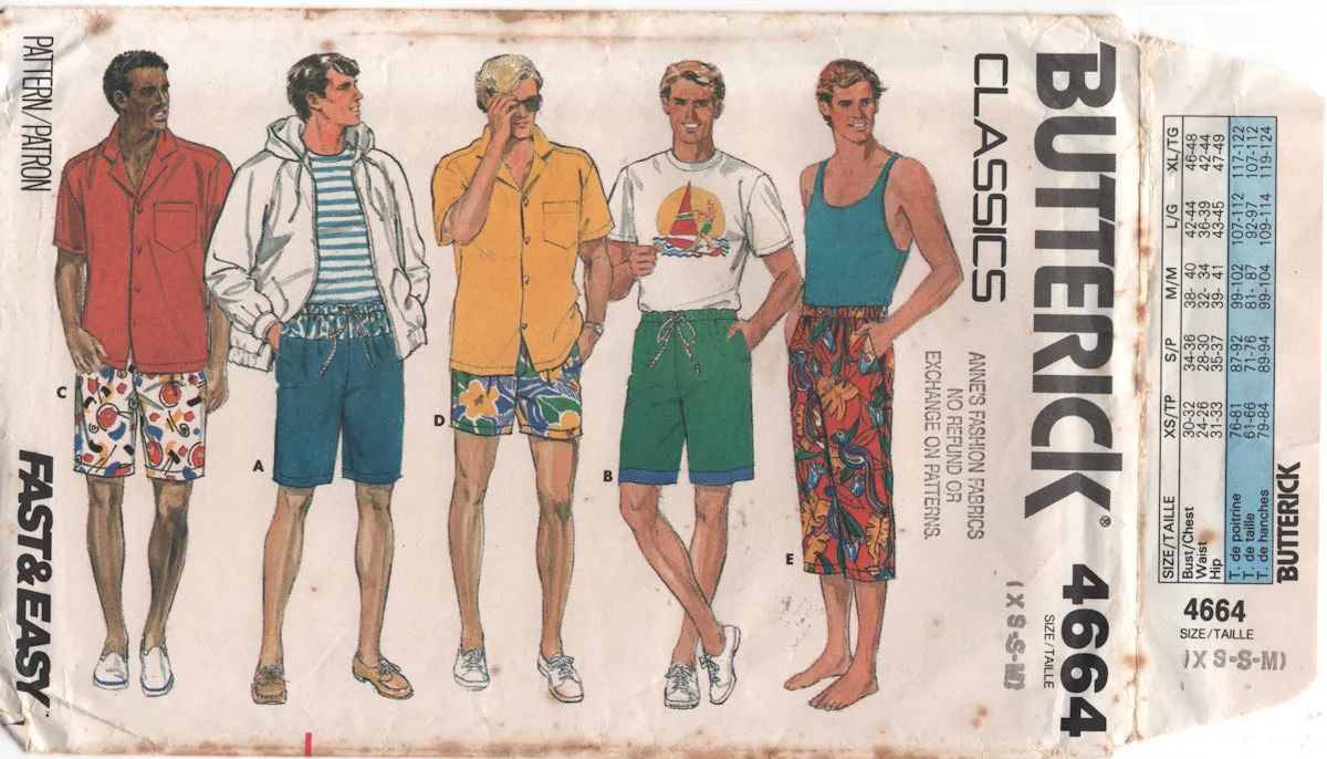 Butterick 4664 Mens' Straight Leg Shorts in Three Lengths with Elastic or Drawstring Waist, Part Cut, Complete, Sewing Pattern Size XS-M