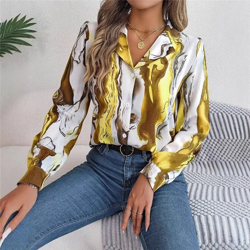 Casual Color Block Printed Shirt With Lapel Collar & Long Sleeves