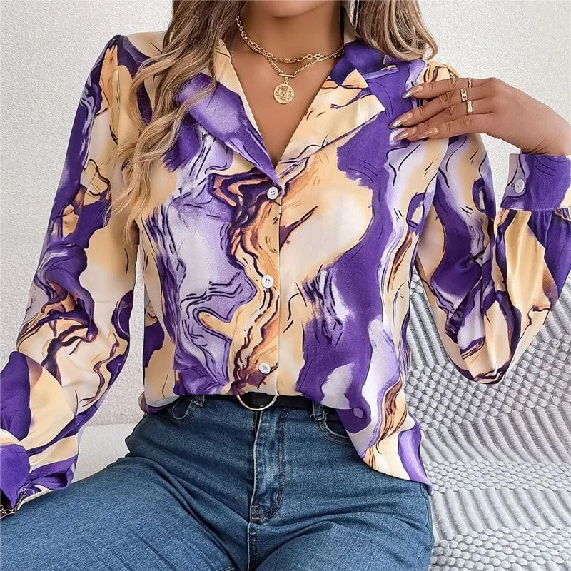 Casual Color Block Printed Shirt With Lapel Collar & Long Sleeves
