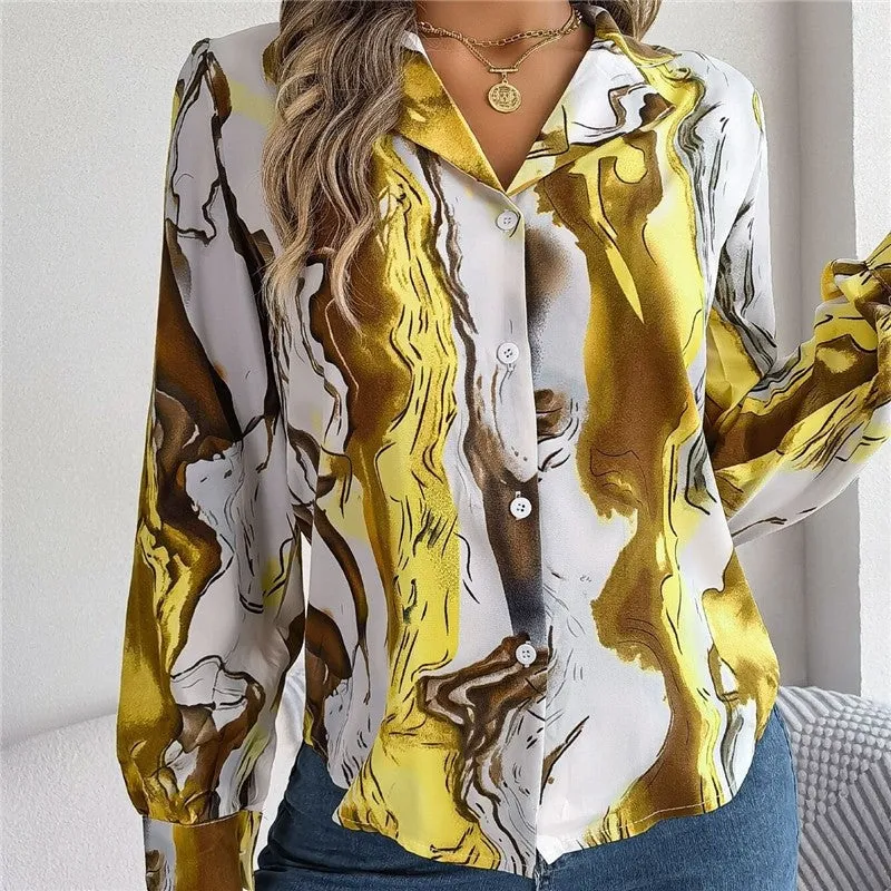 Casual Color Block Printed Shirt With Lapel Collar & Long Sleeves