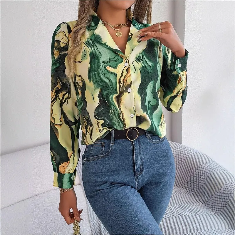 Casual Color Block Printed Shirt With Lapel Collar & Long Sleeves