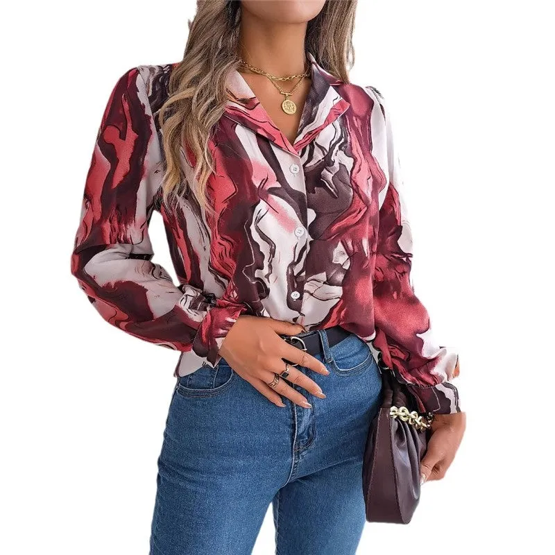 Casual Color Block Printed Shirt With Lapel Collar & Long Sleeves