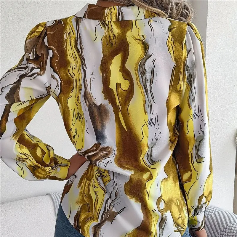 Casual Color Block Printed Shirt With Lapel Collar & Long Sleeves
