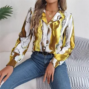 Casual Color Block Printed Shirt With Lapel Collar & Long Sleeves