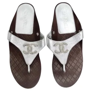 Chanel 2018 CC Silver Leather Sandals