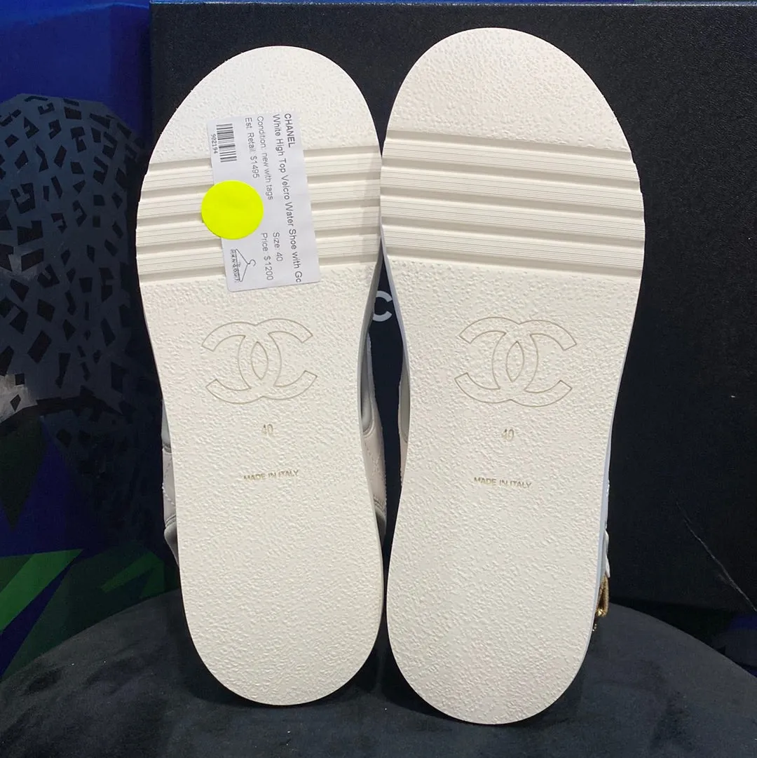 Chanel White High Top Velcro Water Shoe with Gold Glitter Straps Sandal