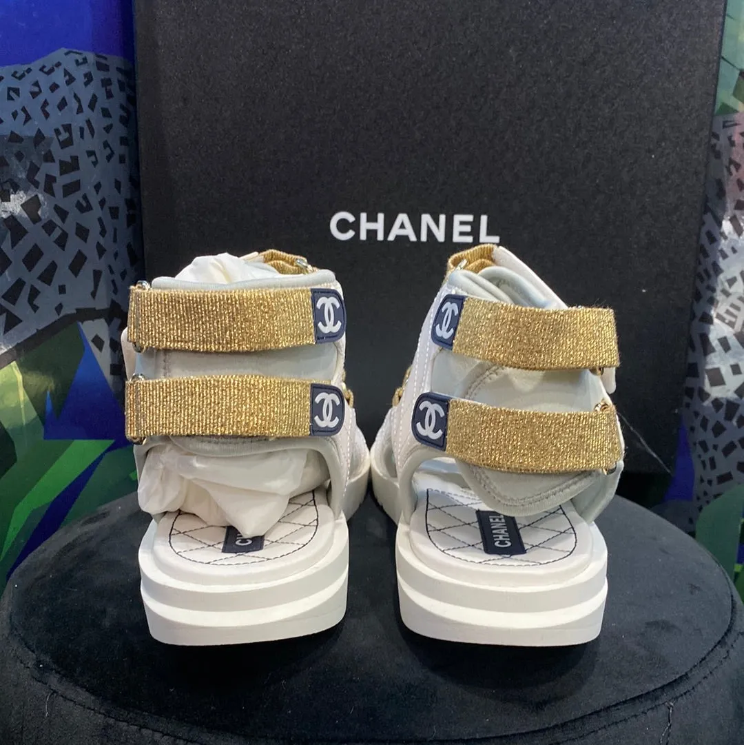 Chanel White High Top Velcro Water Shoe with Gold Glitter Straps Sandal