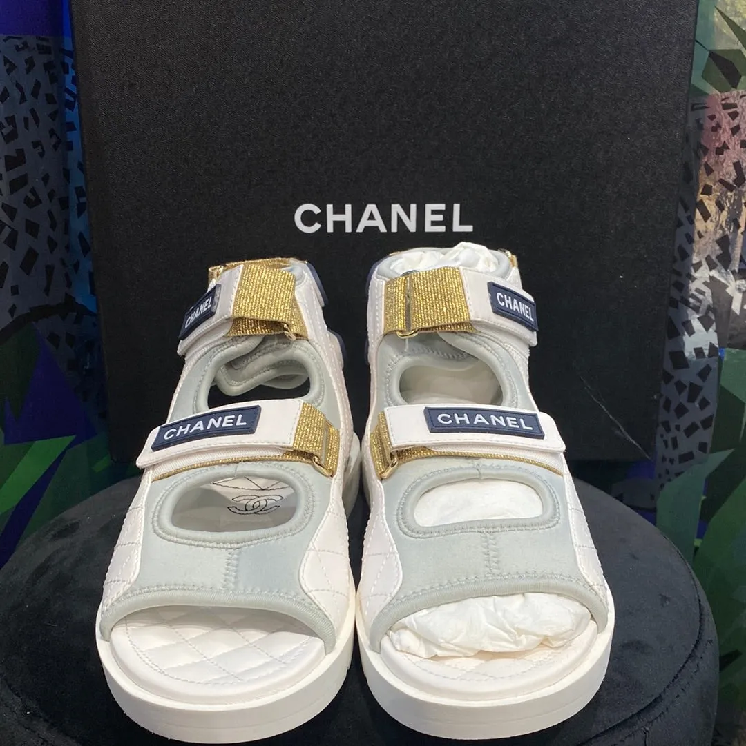 Chanel White High Top Velcro Water Shoe with Gold Glitter Straps Sandal