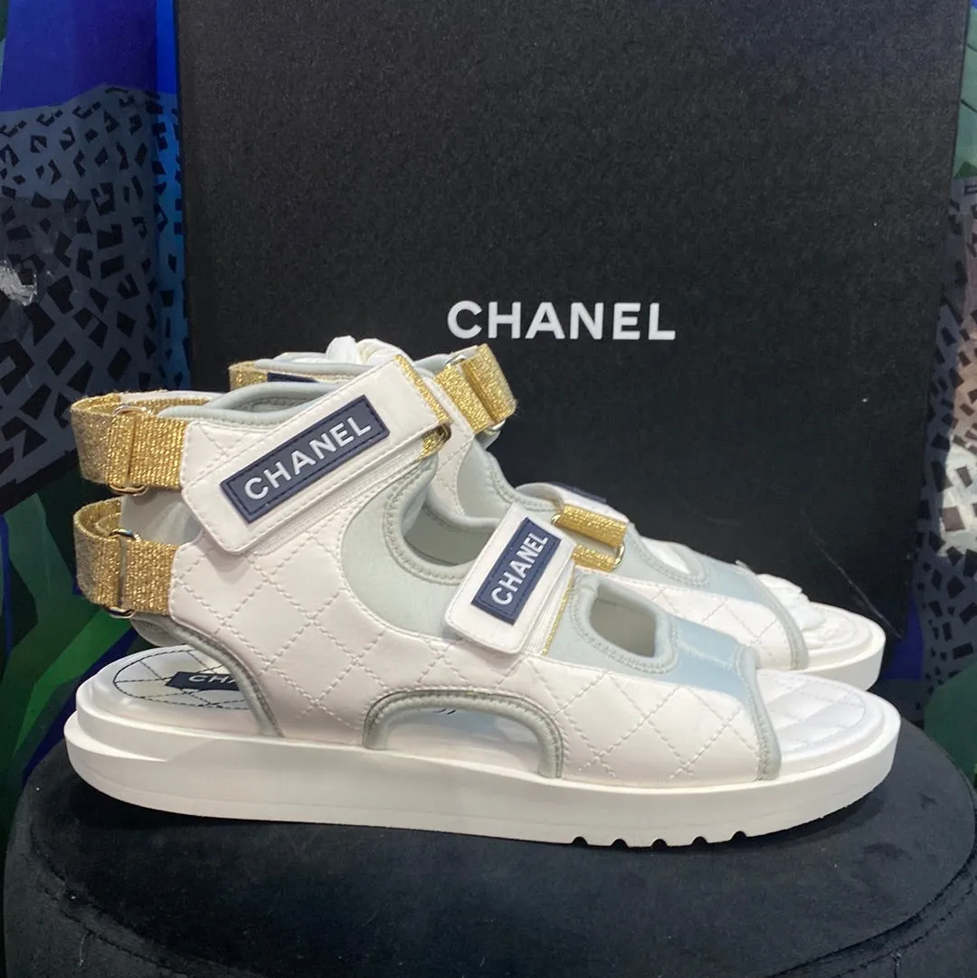 Chanel White High Top Velcro Water Shoe with Gold Glitter Straps Sandal
