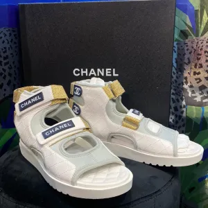 Chanel White High Top Velcro Water Shoe with Gold Glitter Straps Sandal