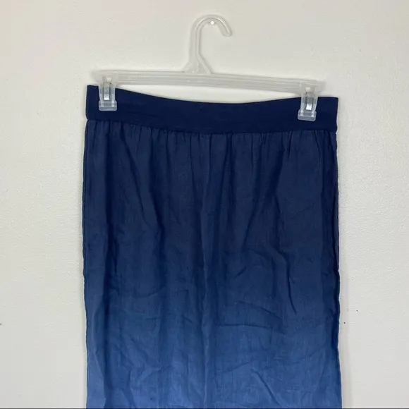 Chico's Sz 1 (Medium) Maxi Midi Skirt Blue Ombre Fringe 100% Linen Elastic Waist