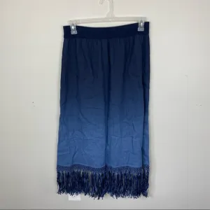 Chico's Sz 1 (Medium) Maxi Midi Skirt Blue Ombre Fringe 100% Linen Elastic Waist