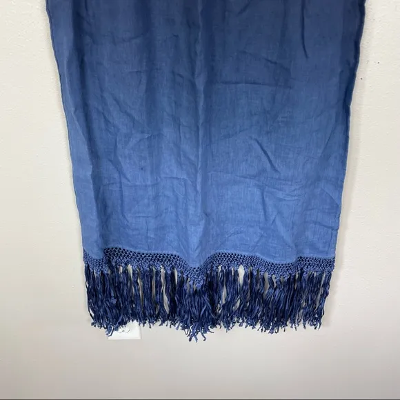 Chico's Sz 1 (Medium) Maxi Midi Skirt Blue Ombre Fringe 100% Linen Elastic Waist