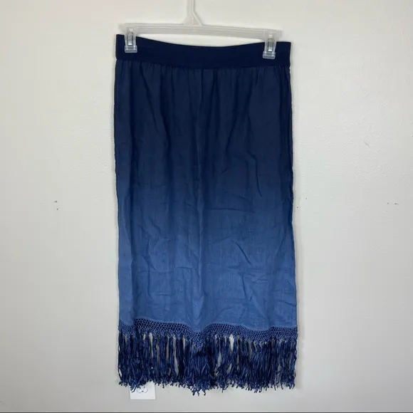 Chico's Sz 1 (Medium) Maxi Midi Skirt Blue Ombre Fringe 100% Linen Elastic Waist