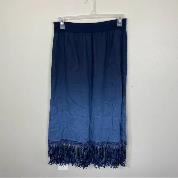 Chico's Sz 1 (Medium) Maxi Midi Skirt Blue Ombre Fringe 100% Linen Elastic Waist