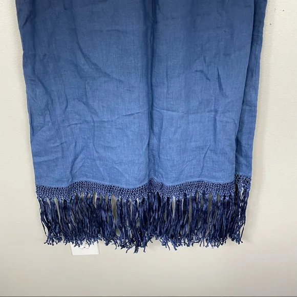 Chico's Sz 1 (Medium) Maxi Midi Skirt Blue Ombre Fringe 100% Linen Elastic Waist