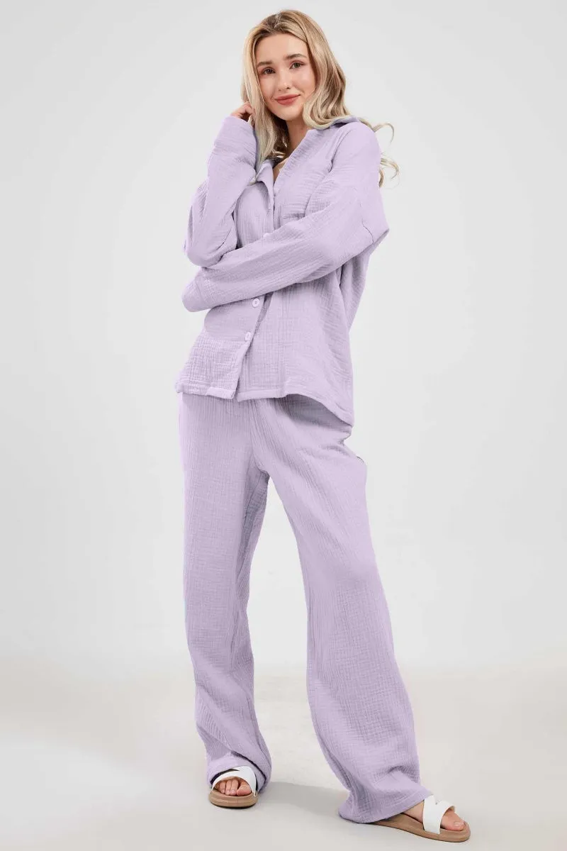 Chouyatou Womens Pajama Sets Cotton Pj Set Cute Heart Print Long Sleeve Button Down Shirt With Long Pants