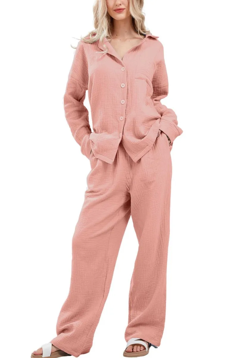 Chouyatou Womens Pajama Sets Cotton Pj Set Cute Heart Print Long Sleeve Button Down Shirt With Long Pants