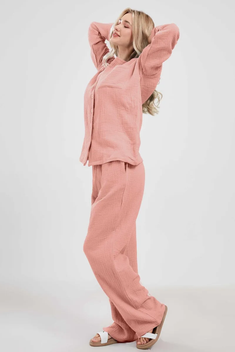 Chouyatou Womens Pajama Sets Cotton Pj Set Cute Heart Print Long Sleeve Button Down Shirt With Long Pants