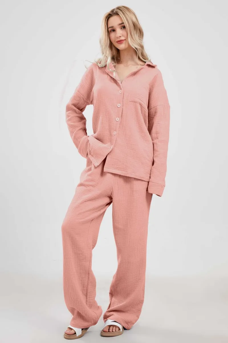 Chouyatou Womens Pajama Sets Cotton Pj Set Cute Heart Print Long Sleeve Button Down Shirt With Long Pants