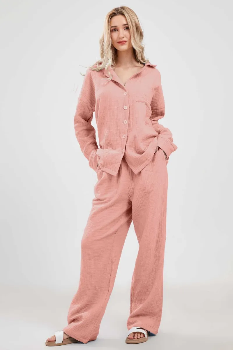 Chouyatou Womens Pajama Sets Cotton Pj Set Cute Heart Print Long Sleeve Button Down Shirt With Long Pants
