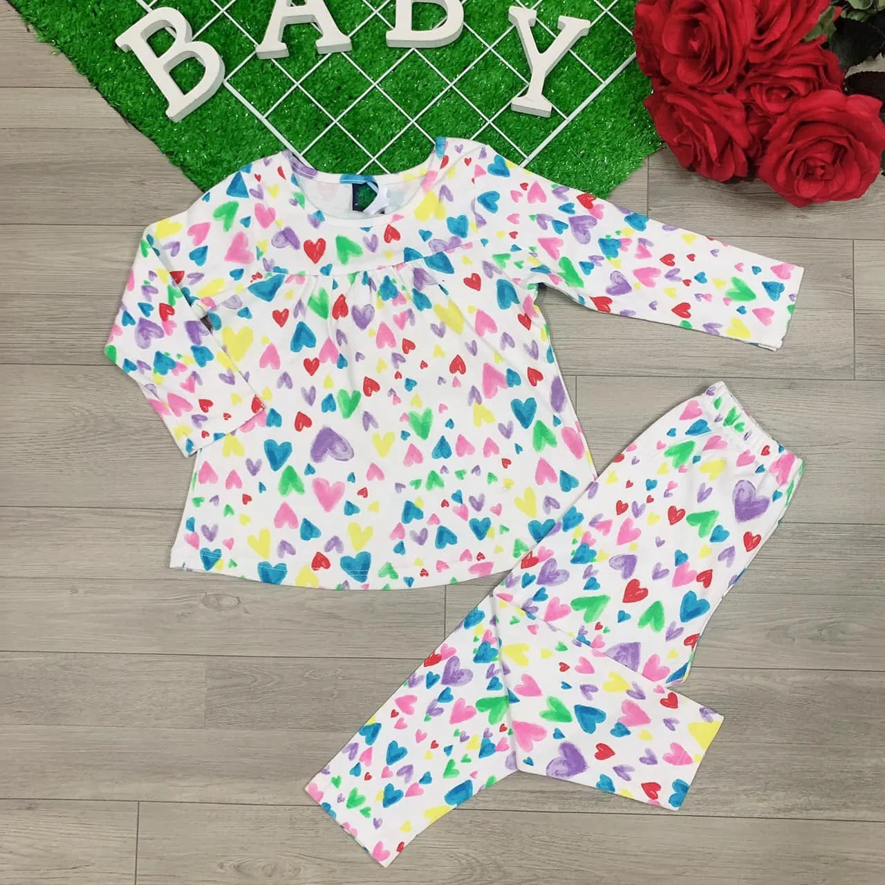 Colorful hearts knit cotton girls pajamas
