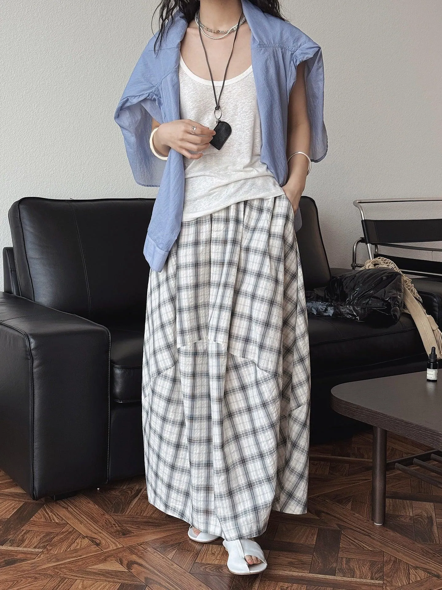 Cotton Plaid Flower Bud Skirt Summer Maxi Skirts Collection