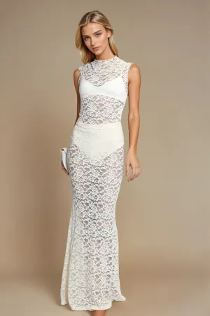 Cream Sheer Floral Lace Maxi Skirt