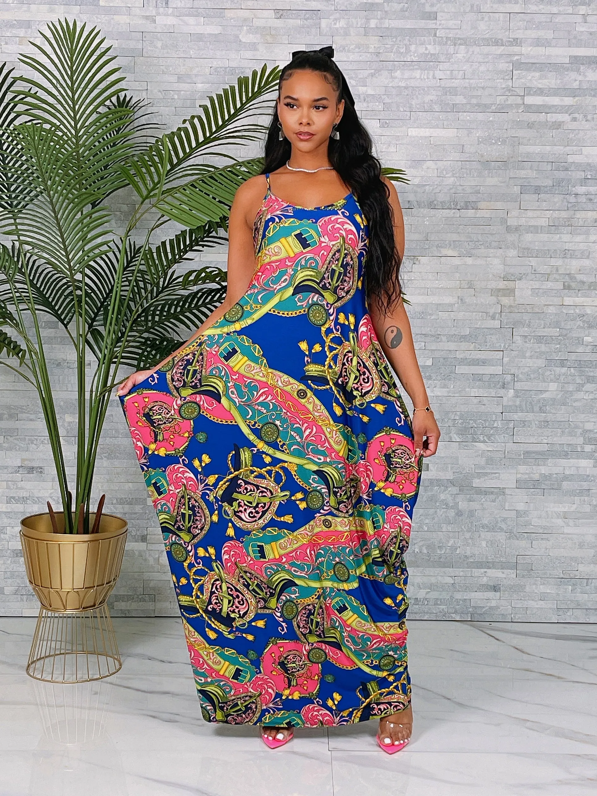 D1571P - MULTI PRINT STRAP MAXI DRESS