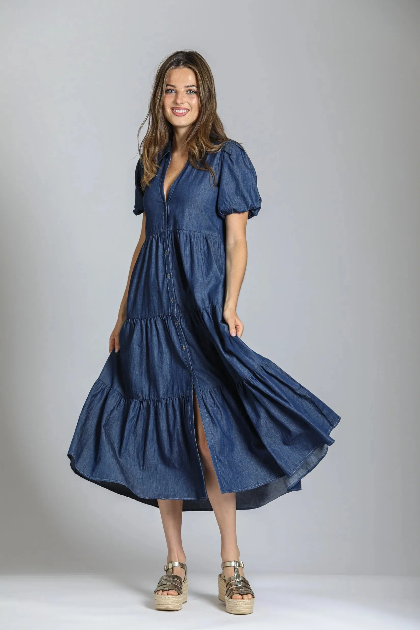 Darling Denim Tiered Puff Sleeve Dress