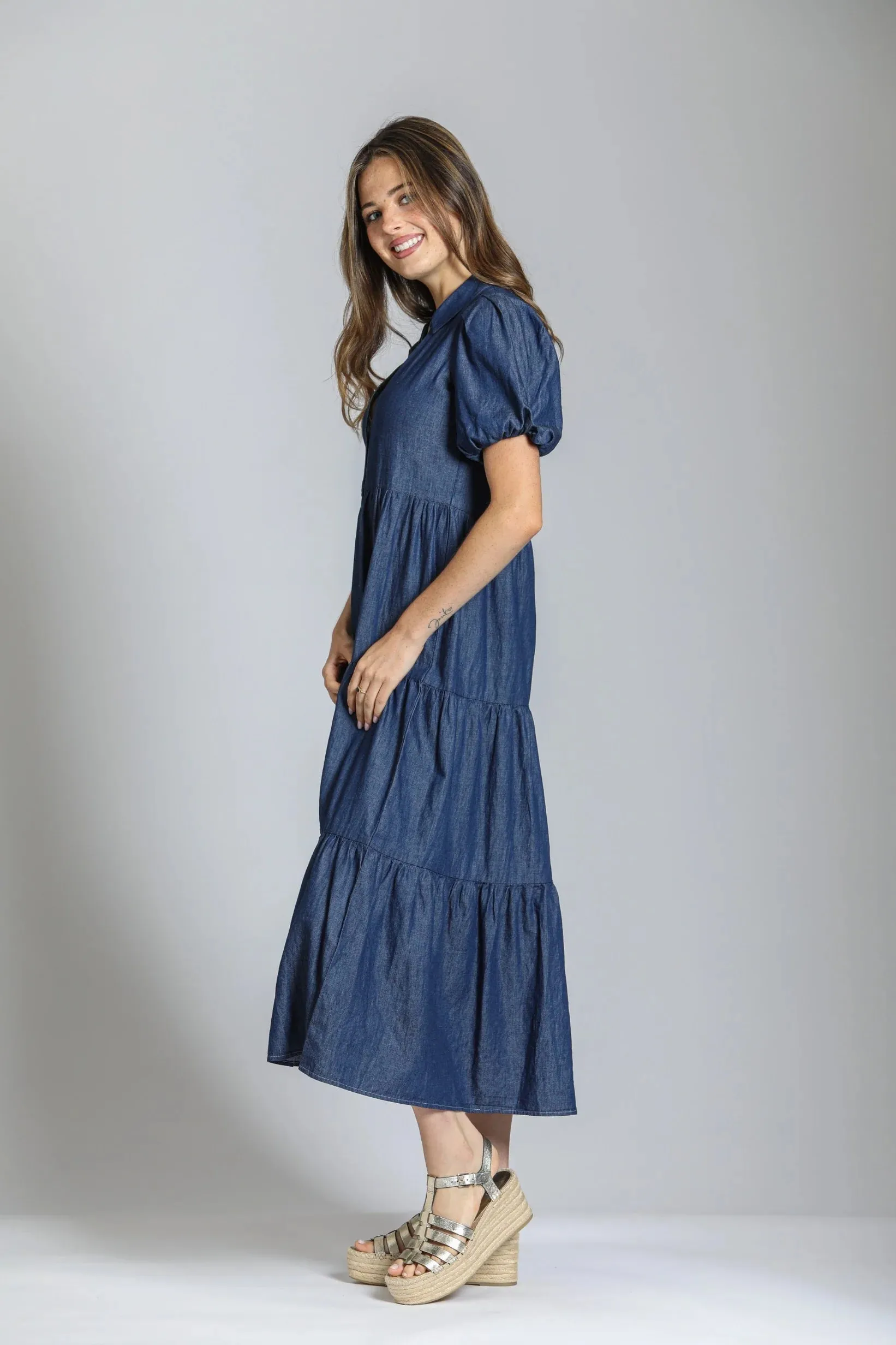 Darling Denim Tiered Puff Sleeve Dress