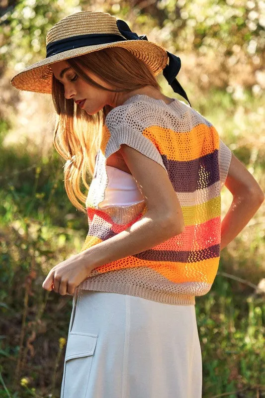 Davi & Dani Crochet Multi Striped Pullover Knit Sweater Vest