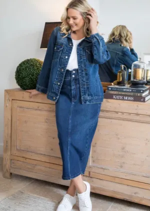 Denim Maxi Skirt In Dark Denim By PQ Collection