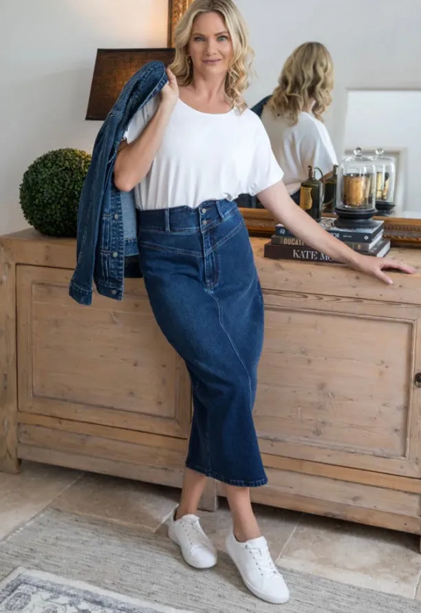 Denim Maxi Skirt In Dark Denim By PQ Collection