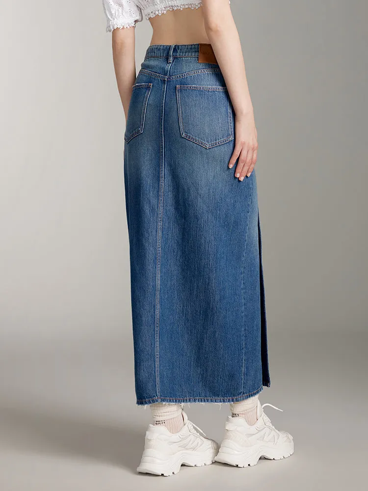 Denim Maxi Skirt With Button