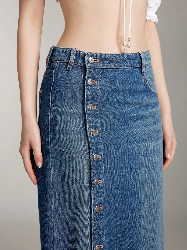 Denim Maxi Skirt With Button
