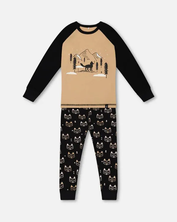 deux par deux Boys Organic Cotton Two Piece Pajama Set - Black Printed Fox