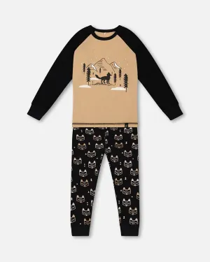deux par deux Boys Organic Cotton Two Piece Pajama Set - Black Printed Fox