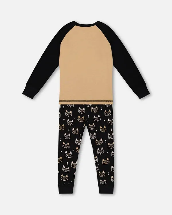 deux par deux Boys Organic Cotton Two Piece Pajama Set - Black Printed Fox