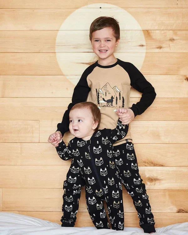deux par deux Boys Organic Cotton Two Piece Pajama Set - Black Printed Fox