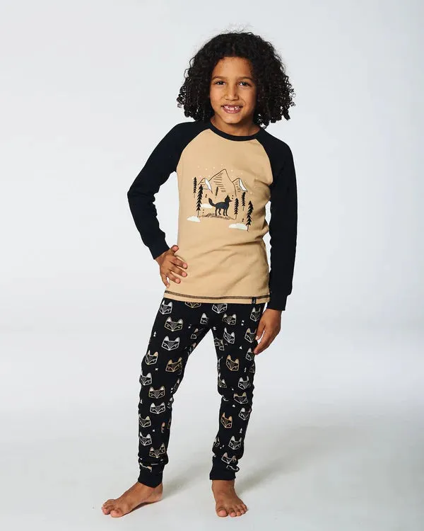 deux par deux Boys Organic Cotton Two Piece Pajama Set - Black Printed Fox