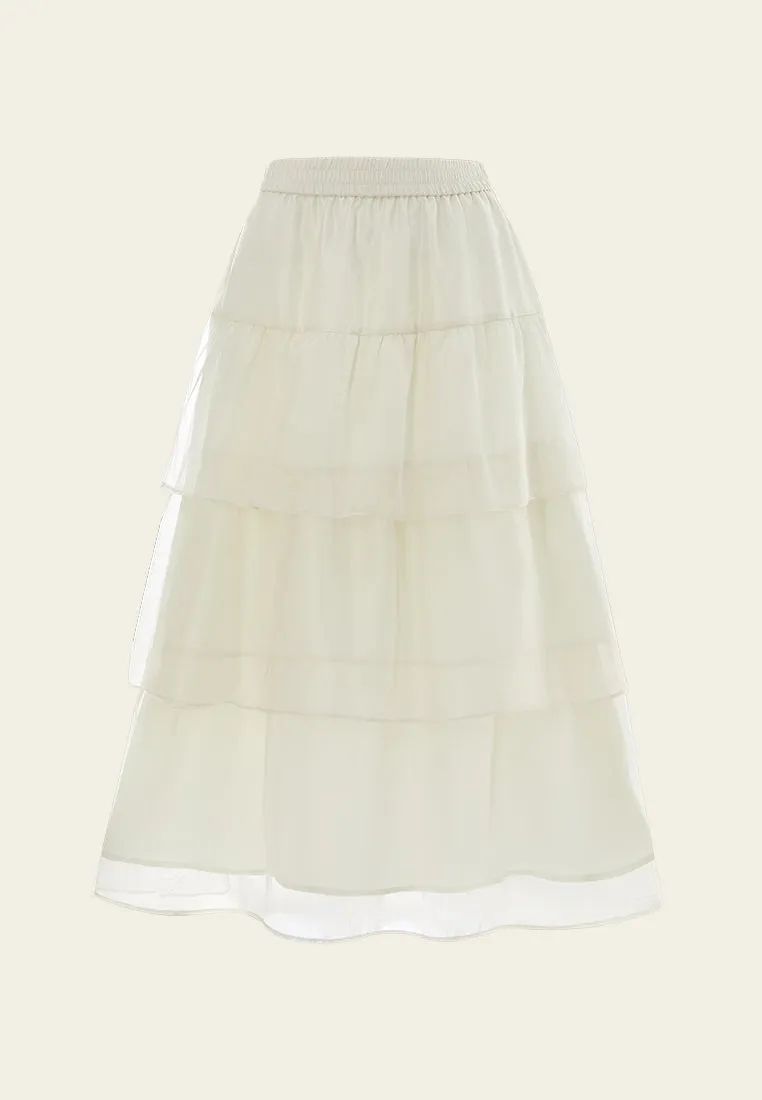 Elasticated-waistband Layered Maxi Mesh Skirt Cream