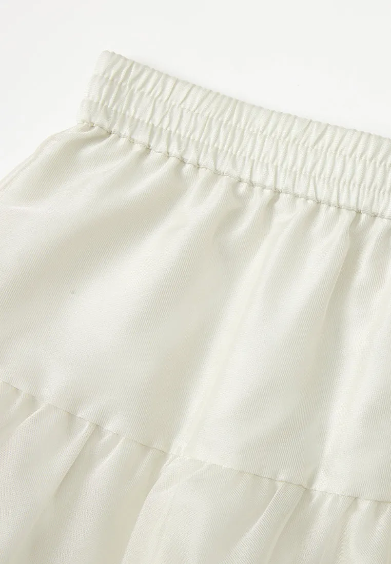 Elasticated-waistband Layered Maxi Mesh Skirt Cream