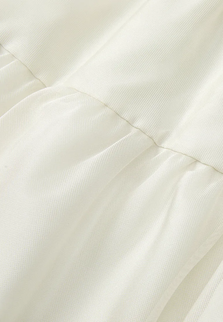 Elasticated-waistband Layered Maxi Mesh Skirt Cream