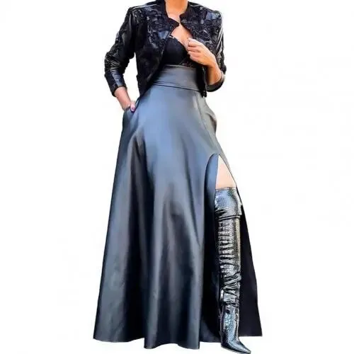 Elegant High Slit Faux Leather Stylish Long Maxi Skirt