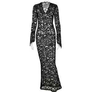 Elegant Lace See Through V-Neck Maxi Sexy Dress For Women Summer Chic Long Sleeve Hollow Out Slim Maxi Dress
